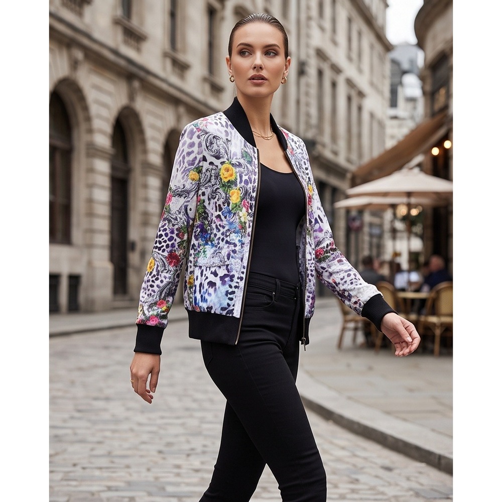 Motive Womens XL Floral Leopard Print Moto Bomber Jacket Zip Mesh Multi Color